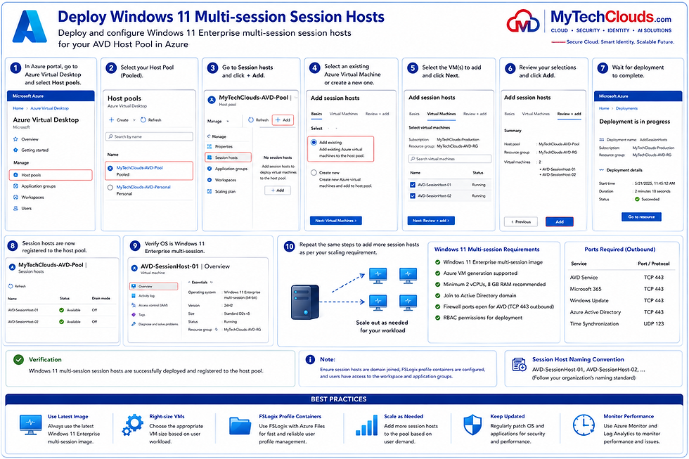 Deployment and registration of Windows 11 Enterprise Multi-Session Session Hosts within the Azure Virtual Desktop Host Pool.