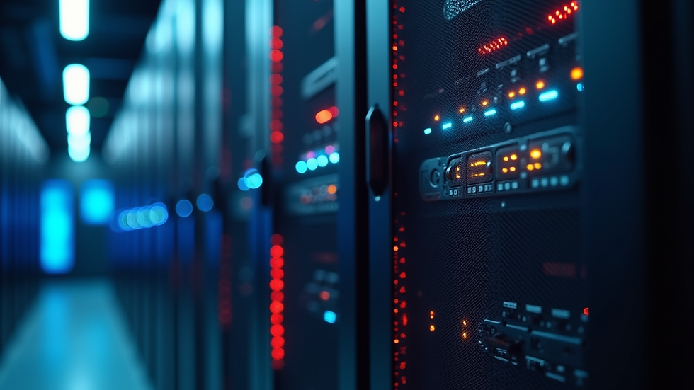 Close-up view of a server rack with blinking lights in a cloud data center