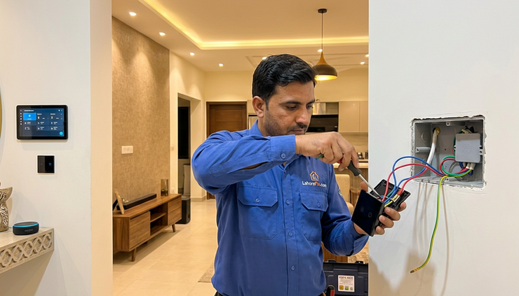 Wide-angle view of a smart home switchboard being wired inside a Lahore house