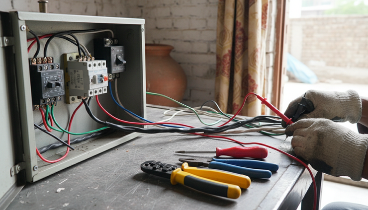 Close-up view of generator wiring and testing tools