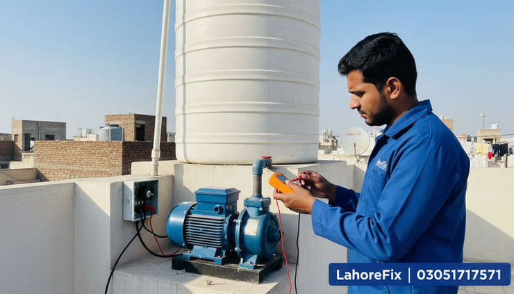 Eye-level view of a LahoreFix electrician testing a repaired water motor switch.