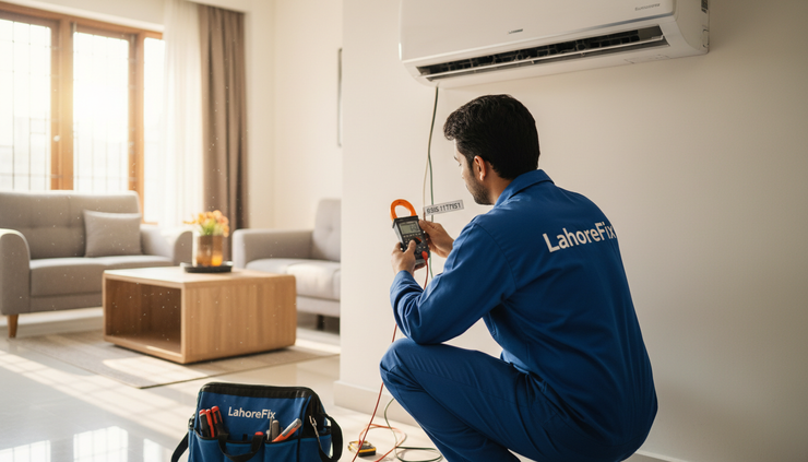 Wide-angle view of an indoor AC unit with an electrician checking current by clamp meter