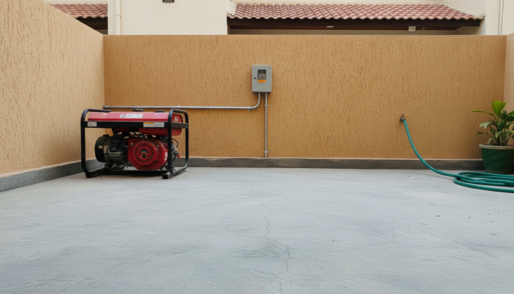 Wide-angle view of a home generator installed beside an exterior wall in Lahore
