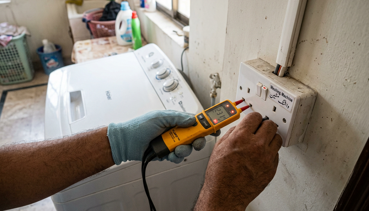 Close-up view of an electrician testing a washing machine wall socket with a voltage tester.