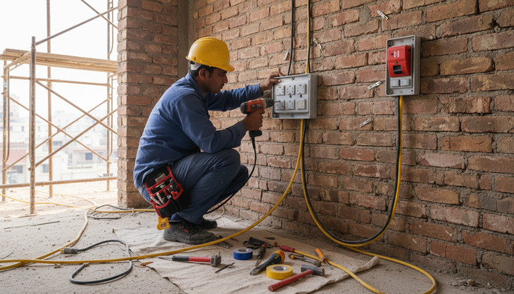 Eye-level view of an electrician installing a temporary socket board on an unfinished wall.
