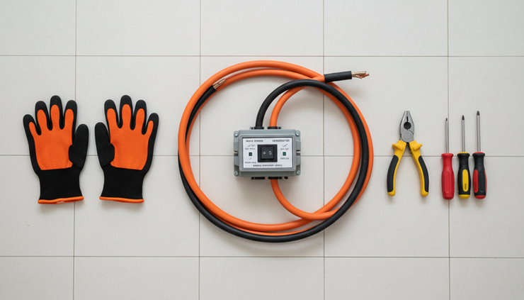 Top-down view of generator cables, insulated tools, and a changeover switch arranged on a tiled floor