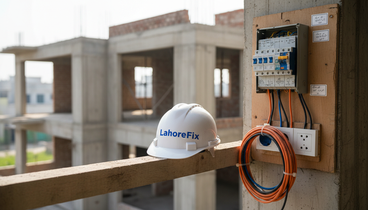 Close-up view of a safety helmet beside organised construction wiring and a breaker box.