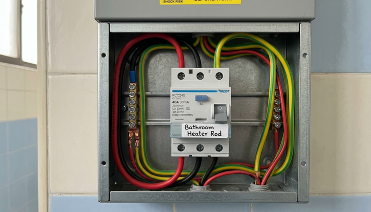 Close-up view of an RCCB switch installed inside a small home distribution board