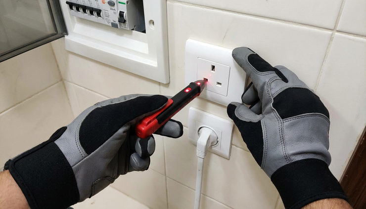 Top-down view of an electrician testing a bathroom heater rod socket with a meter