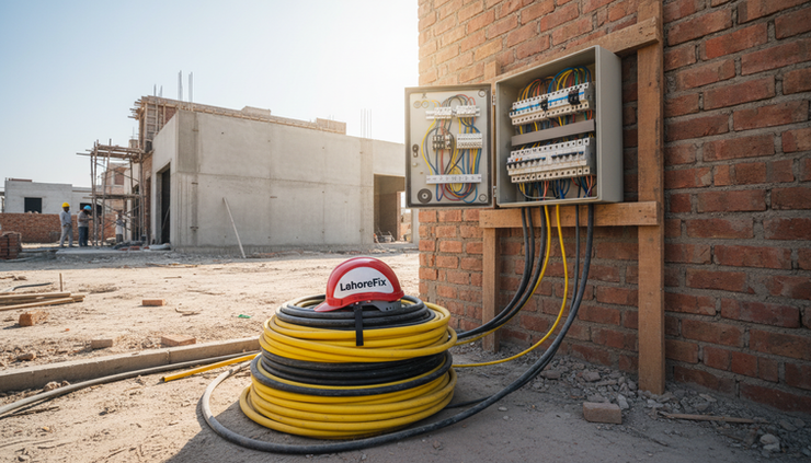 Wide-angle view of a construction site electrician in Lahore checking a temporary electric panel.