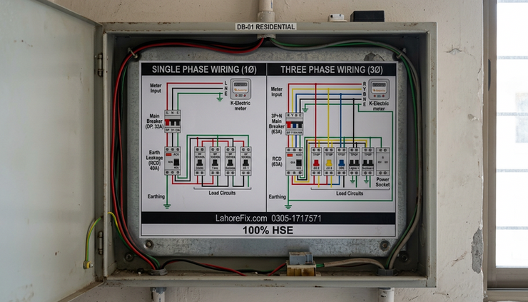 Eye-level view of a residential DB box showing separate single phase and three phase wiring sections.