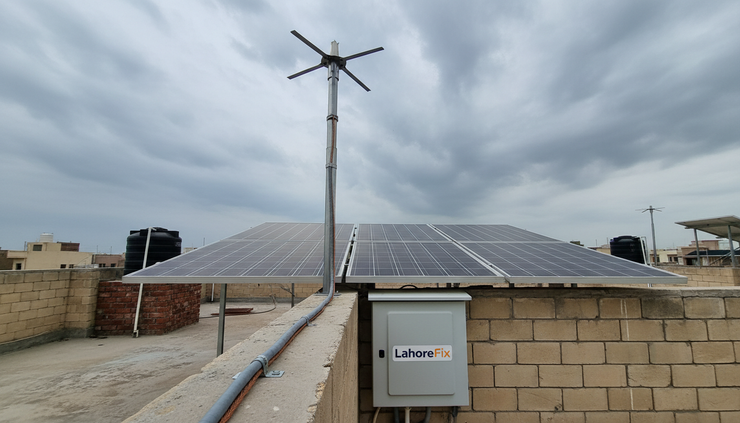 Low-angle view of a rooftop lightning arrester above solar panels.