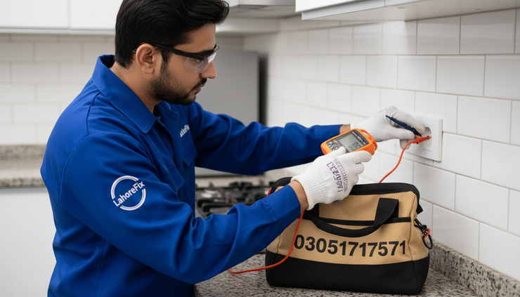 Close-up view of an electrician testing a kitchen appliance socket with a voltage tester