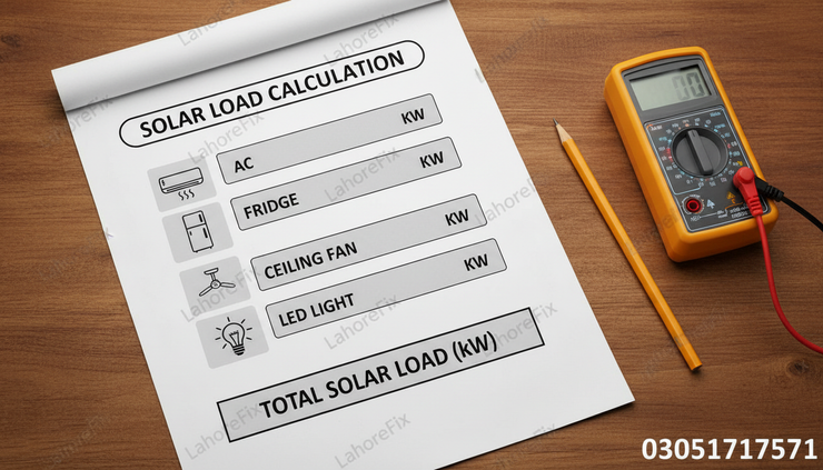 Top-down view of a printed solar load calculation chart with home appliance icons