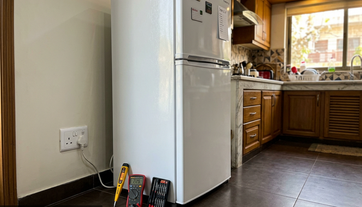 Low-angle view of a repaired fridge standing near a dry kitchen floor.