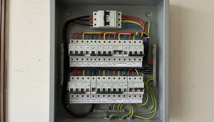 Close-up view of a wall-mounted breaker panel with labelled home circuits for AC, lights, sockets, and kitchen load.
