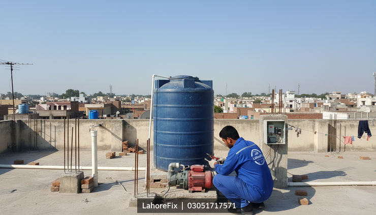 Wide-angle view of a rooftop water tank and pump wiring being inspected.