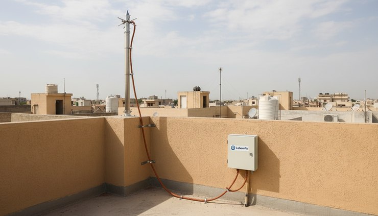 Wide-angle view of a lightning arrester installed on a Lahore rooftop.