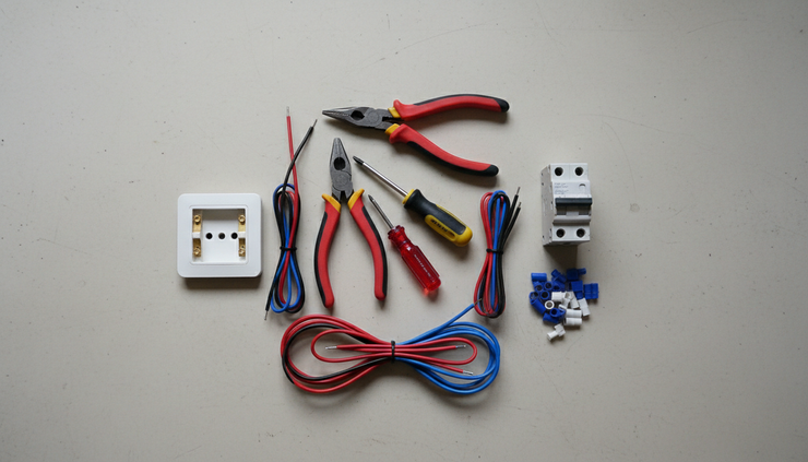 Overhead view of insulated electrical tools placed beside genuine repair parts.