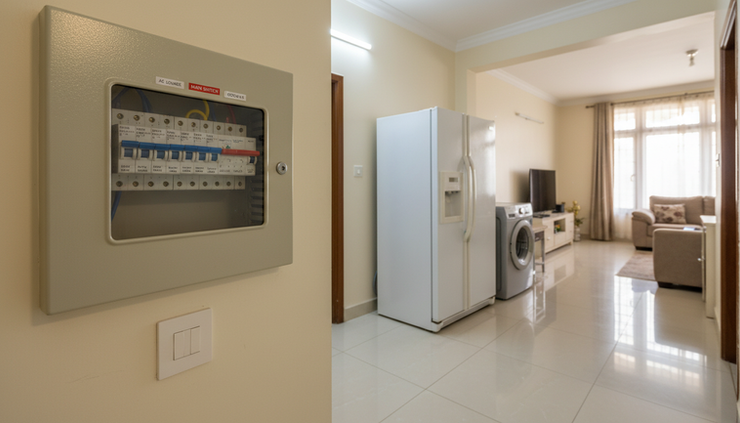 Wide-angle view of a Lahore home switchboard with labelled breakers and household appliances nearby