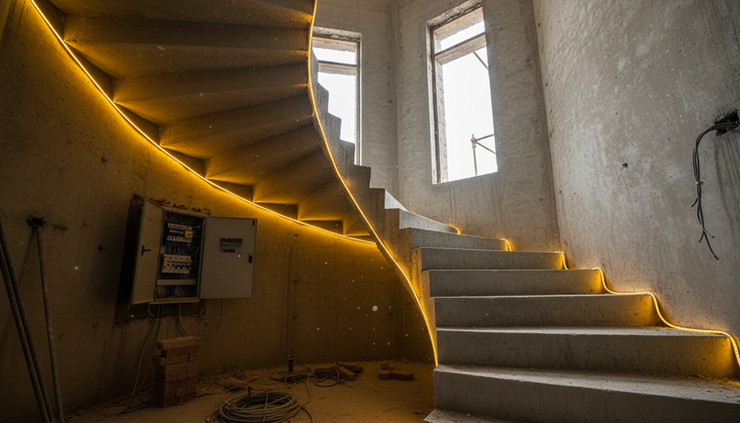 Low-angle view of temporary construction lighting illuminating an unfinished staircase.