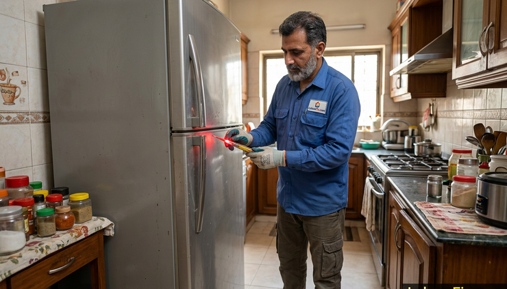 Eye-level view of an electrician testing a fridge body for current leakage.