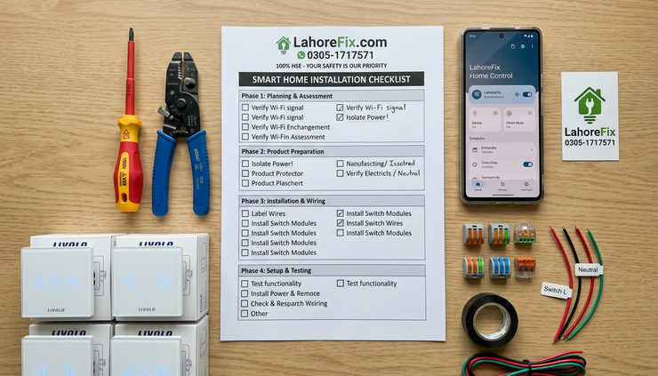 Top-down view of a home automation wiring checklist beside smart switches and insulated tools