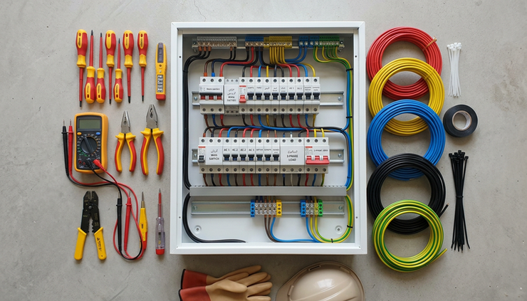 Top-down view of insulated tools, labelled breakers, copper cables, and safety gloves arranged beside a home DB box.