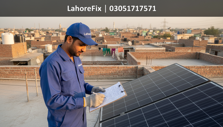 Eye-level view of a Lahore rooftop solar setup with an electrician reviewing a home load list