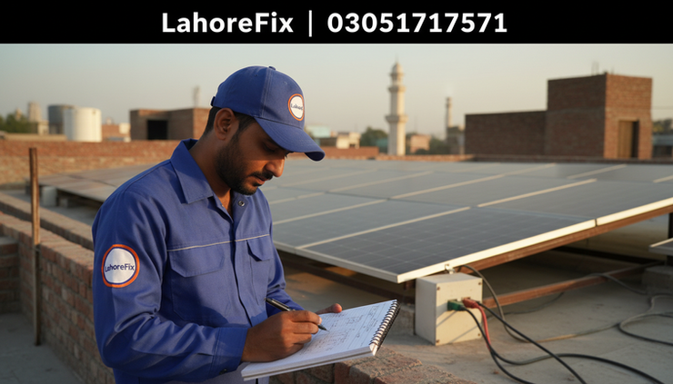 Eye-level view of a LahoreFix electrician calculating solar load on a rooftop in Lahore