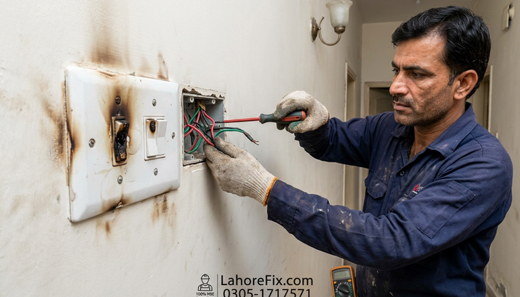Close-up view of a hot switch board being checked by an electrician in a Lahore home.