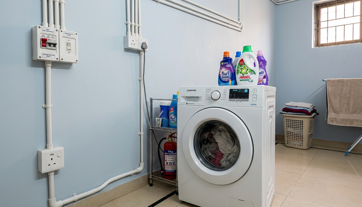 Eye-level view of a washing machine connected to a dedicated wall socket in a Lahore laundry area.