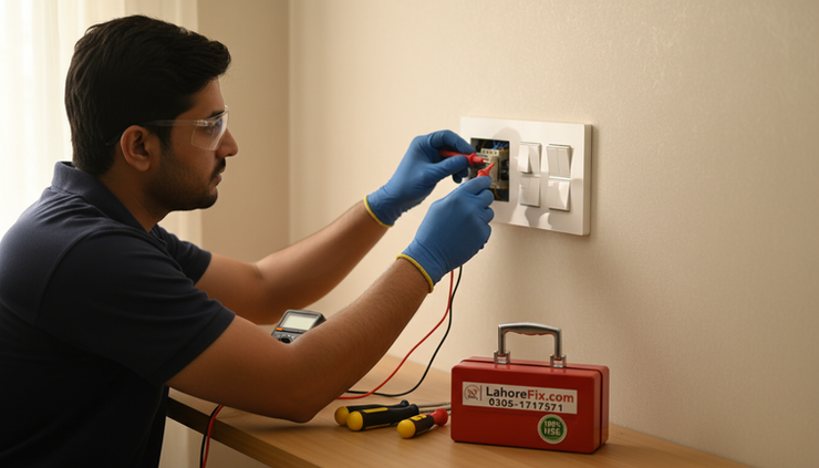 Eye-level view of an electrician testing a villa switchboard in Lake City Lahore