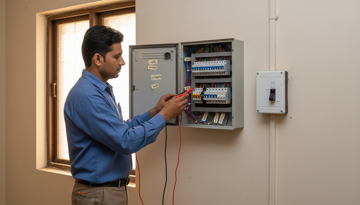 Eye-level view of an electrician testing a home distribution board