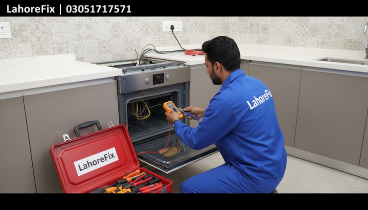 Eye-level view of a Pakistani electrician wiring a built-in oven point in a modern kitchen