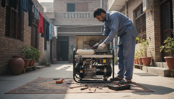 Eye-level view of a home generator being checked by a technician