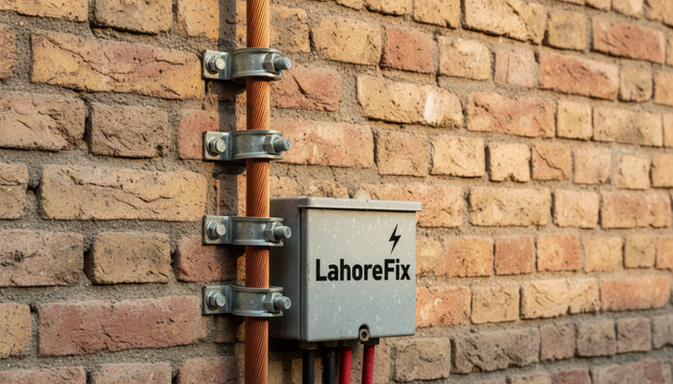 Close-up view of a copper earthing wire fixed to a wall with metal clamps.