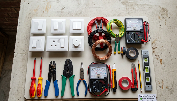 Top-down view of branded electrical switches, sockets, and copper wire prepared for safe board replacement.