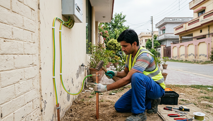 Wide-angle view of an electrician installing an earthing rod outside a Lahore house.