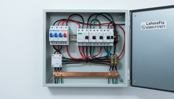 Close-up view of a solar distribution board with labelled breakers and copper wiring