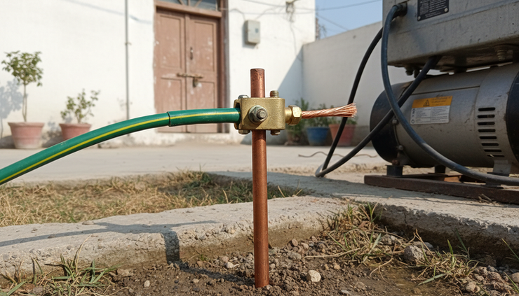 Close-up of a copper earth rod connection beside a home generator cable route.