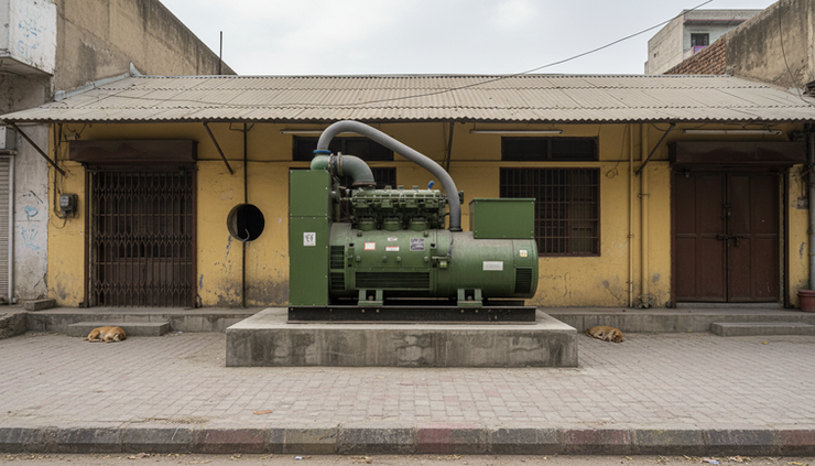 Eye-level view of a diesel generator placed on a concrete base outside a small commercial property
