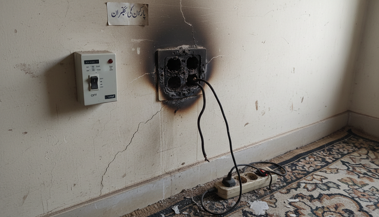 Eye-level view of a burnt wall socket with the power switched off