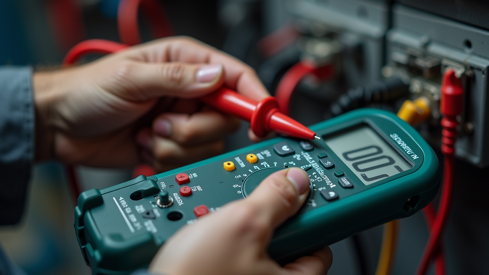 Close-up view of electrician testing wiring with a multimeter