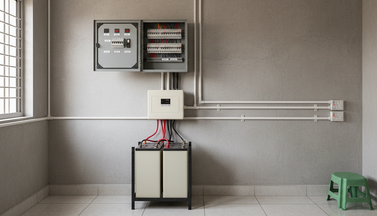 Wide-angle view of a home UPS setup near a distribution board