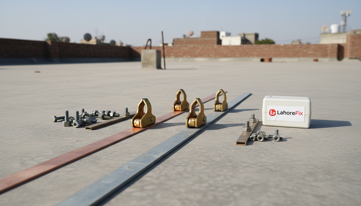 Eye-level view of copper and GI earthing components arranged on a rooftop floor.