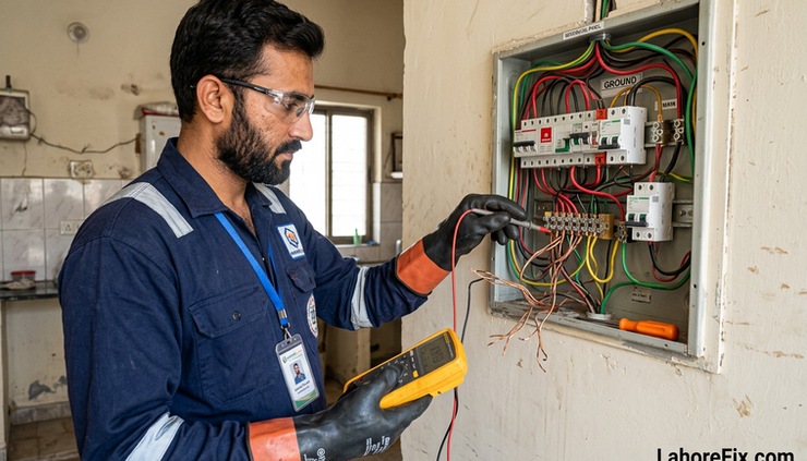 Eye-level view of an opened switch board with loose wiring being inspected safely.
