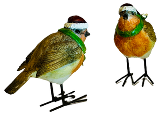 2 robins wearing Christmas hats and scarves