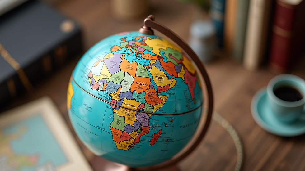 High angle view of a globe with travel essentials around