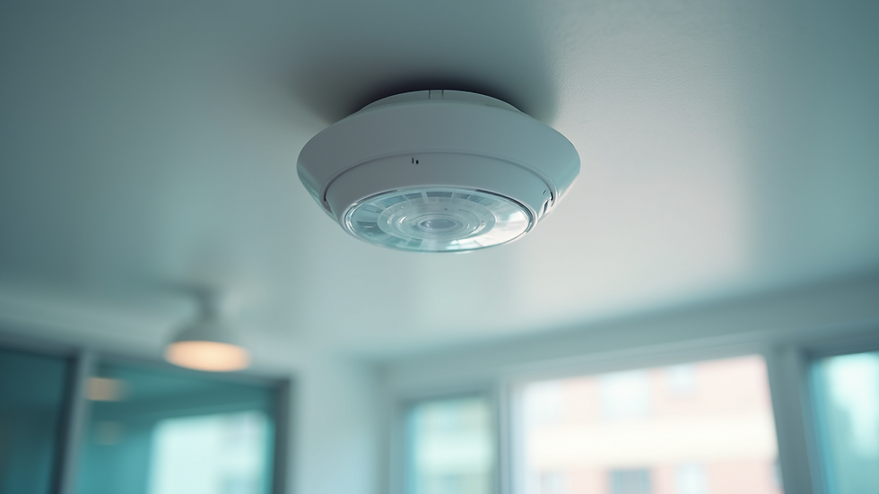 Close-up view of a sensor device installed on a ceiling for smart building management